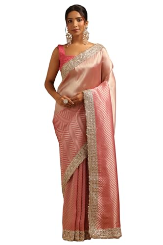 Soch Womens Blush Pink Tissue Chevrons Zari Woven Saree With Sequins