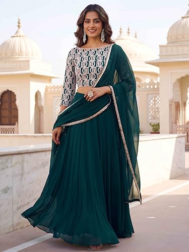 Zeel Clothing Women's Chikankari Sequins Embroidered Georgette Lehenga Choli with Dupatta (5050-Green-Women-New-Lehenga-Choli; Free Size)