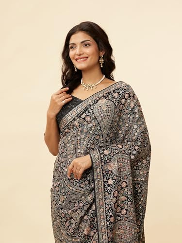 MOHEY Women's Georgette Paisley Embroidered Saree with Blouse Piece(Indigo Blue)