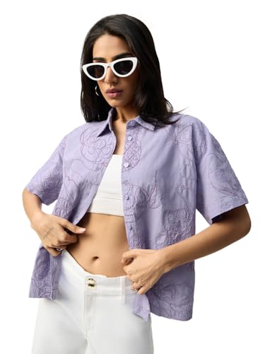 The Souled Store Lilo & Stitch: Naughty Stitch Women and Girls Short Sleeves Collared Lavender Embroidered Cotton Linen Oversized Fit Lightweight All-Season Shirt