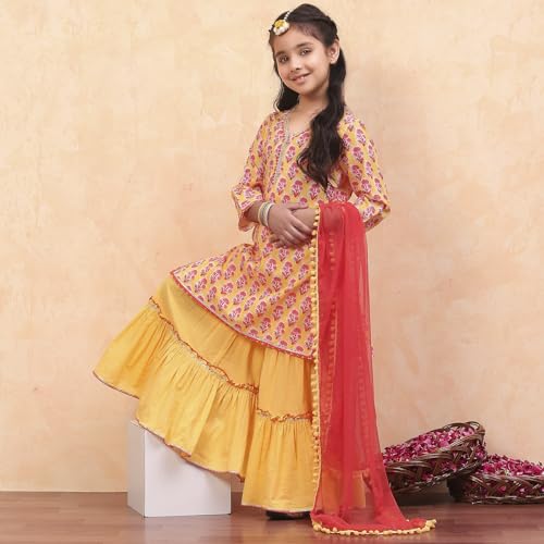 BIBA Girls Yellow Straight Cotton Printed Kurta suit set