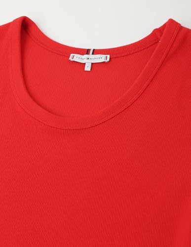 Tommy Hilfiger Cotton Red Solid Round Neck Cap Sleeves Women Slim Rib Dress (S)