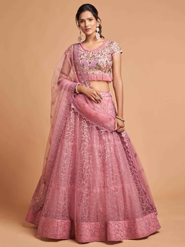 Zeel Clothing Women's Net Embroidered Semi-Stitched Bridal New Lehenga Choli with Dupatta (7313-Pink-Wedding-Girlish-Lehenga-Choli; Free Size)