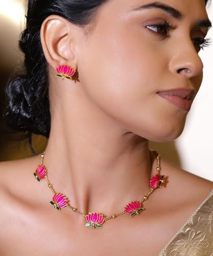 Mansiyaorange Pink & Green South Indian Temple Lotus Motif 18 K Gold-Plated Enamelled Ethnic Traditional Choker Neckalce & Earring Jewellery Set