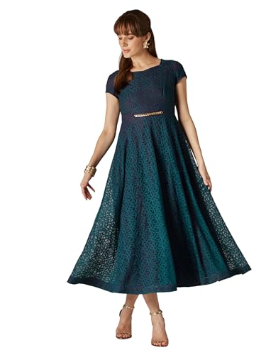 Miss Chase Womens Sweetheart-Neck Short Sleeve Self-Designed Lace Overlaid Midi Dress (MCSS25D16-77-83-03, Teal, S)