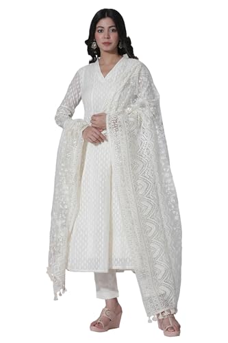 W for Woman Off-White Cotton Blend Anarkali Embroidered Kurta, Straight Pants and Dupatta Set (Size: XS)-24FESP10670-313617