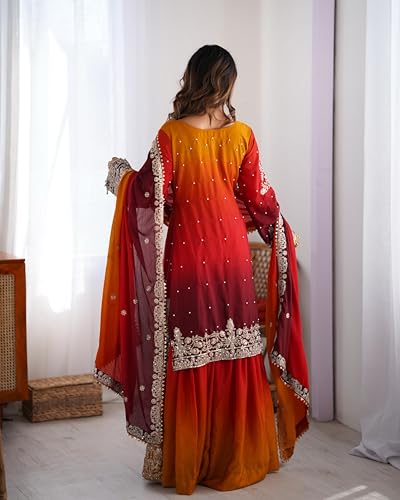 LEELI PEERI DESIGNER Women's Chinon Silk Embroidery Multicolour Kurta Sharara Set With Dupatta(45PDM10-M)