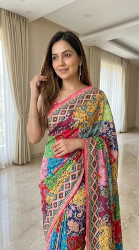 SHANTVAN GALLERY Ajrakh Print Saree for Women with Mirror Work Border and Kodi Latkan, Roman Silk 3D Position Print Silk Saree for Woman with Unstitched Blouse Piece