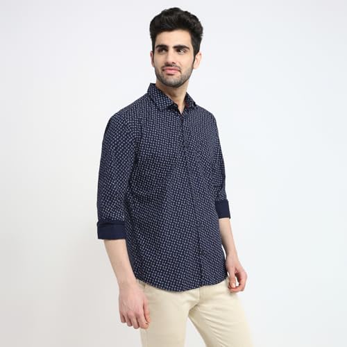 Park Avenue Men Slim Fit Print Pattern Pure Cotton Semicutaway Collar Full Sleeve Casual Shirt Blue