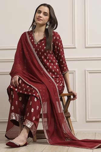 Biba Women Green-Maroon Viscose Gathered Yarndyed Suit Set_38