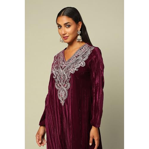 Rangriti Women's Poly Velvet Kurta Set (WNTRWR20385AW24WINE_Wine