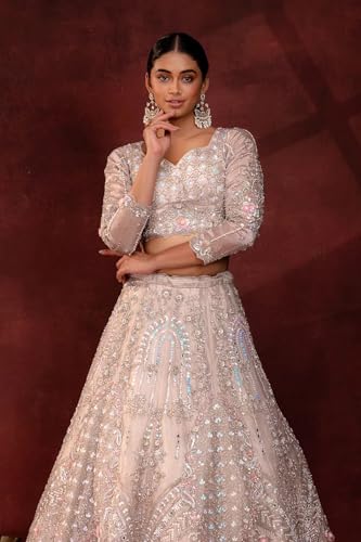 Women's Light Pink Stone Embroidered Tissue Bridal Lehenga