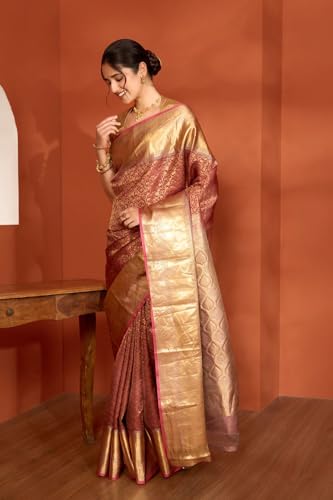 Taneira Women Brown Woven Kanjeevaram Inspired Design Silk Viscose Saree with Unstitched Blouse Piece (SABHMBAB8719-Brown)