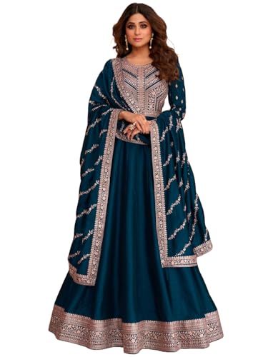 Omkar Textile's Anarkali Gown with Dupatta Set for Women, Chinon Fabric || Ethnic Gown (in, Alpha, XL, Regular, Teal Blue (Rama))