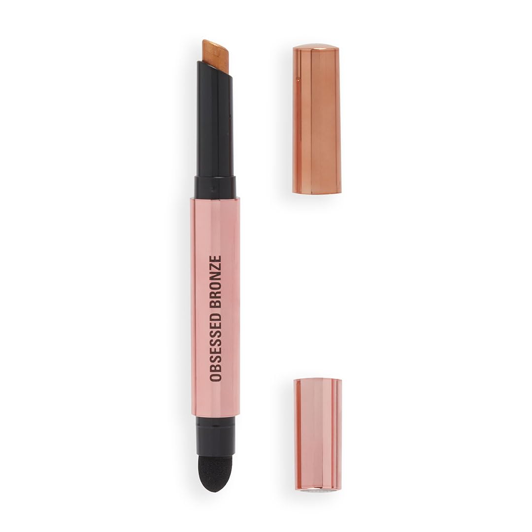 Makeup Revolution- Lustre Wand Shadow Stick- Obsessed Bronze | Ultra-pigmented & Shimmery lids | Seamless glide | Buildable, Metallic Formula | Sponge to dab & blend the shades-1.6 g