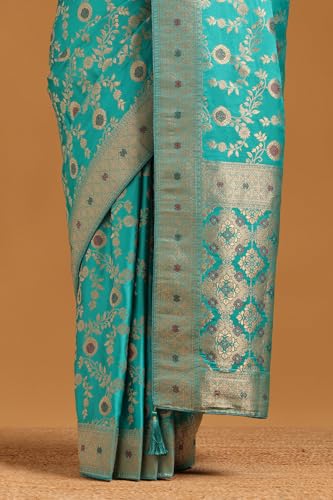 Soch Womens Turquoise Blue Satin Floral Saree With Zari Work