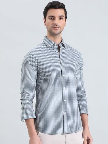 GO COLORS Collared Casual Check Shirt for Men | Pure Cotton, Full Sleeves, Regular Fit, Patch Pocket | (Dark Jean Blue, 44)