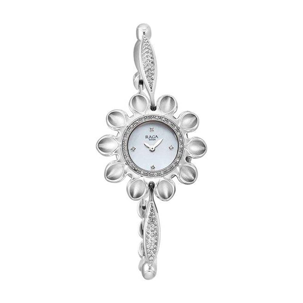 Titan Raga Silver Quartz Analog White Mother of Pearl Dial Sterling Silver Strap Watch for Women - NT9893VM02