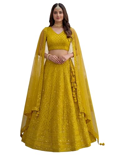 Zeel Clothing Women's Sequins Thread Embroidered Georgette Lehenga Choli With Dupatta (5124-Yellow-Women-New-Lehenga-Choli; Free size) (Yellow)