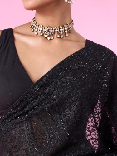 MOHEY Women's Georgette Stone Work & Thread Work Saree with Blouse Piece (Black)