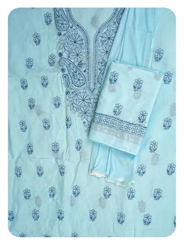 Ada Hand Embroidered Lucknowi Chikankari Unstitched Cotton Dress Material Suit Piece with Dupatta for Women 01A868001 Sky Blue