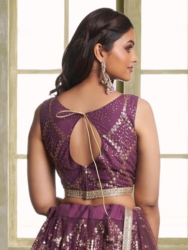 Zeel Clothing Women's Net Semi-Stitched Thread Sequins Work Embroideredry Soft Lehenga Choli with Dupatta (NFH-2206-Wine--Lehenga-Choli-Latest; Free Size)