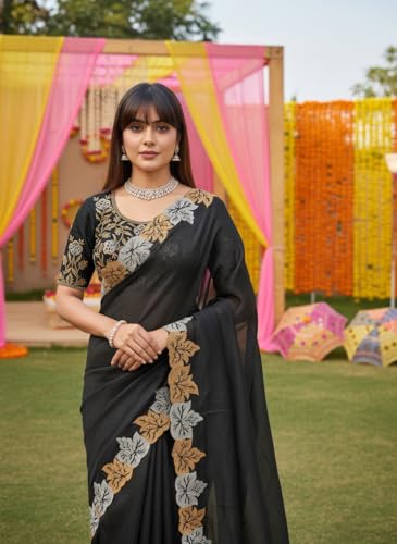 Glory Sarees Women’s Satin Chiffon Embroidery Work Saree With Blouse Piece (JR644_Black)