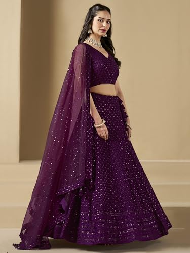 Zeel Clothing Women's Sequins Thread Embroidered Georgette Lehenga Choli With Dupatta (5124-Women-Lehenga-Choli-New; Free size) (Yellow) (Wine)