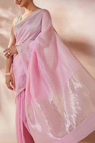 Taneira Women Pink Woven Pure Silk Cotton Chanderi Saree with Unstitched Blouse Piece (SHH08G00130-Light Pink)