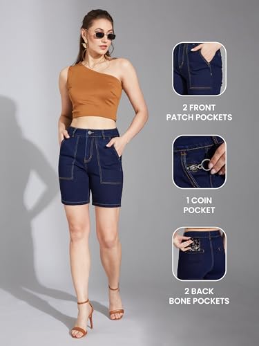 Life With Pockets Women's Regular High Rise Above Knee Stretchable Denim Shorts (LPAW24DEN91-66-71-26, Navy Blue, 26)