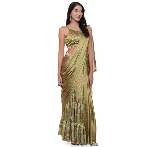 BIBA Women Cotton Blend Printed Straight Saree (Skdassorted9114_Green_38)