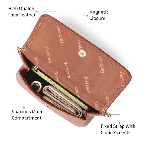 Fastrack brown Sling | Faux-Leather Women’s Handbag | Button-Closure Sling with Metal Accent Strap