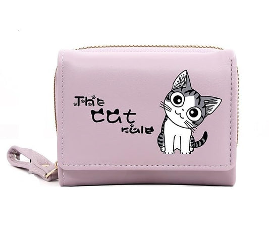 Alexvyan Purple Cat Small Tri-Fold Women's Purse Wallet Card Organizer Female Hand Purse Clutch Women/Ladies/Girls Wallets 5 Card Holder 1 Long & 2 Small Pocket -1 Zipper Pocket