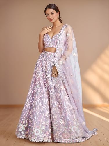 Zeel Clothing Women's Sequins Embroidered Work Soft Net Designer Lehenga Choli With Dupatta (6033-Lavender-Wedding-Lehenga-Choli; Free Size)