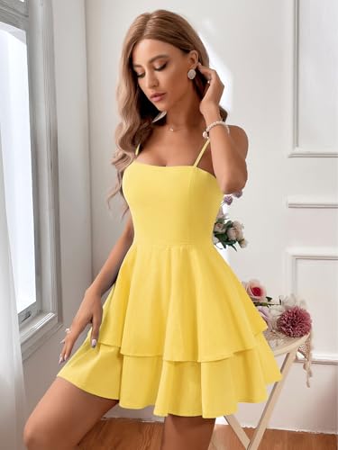 Marivoné® Women Backless Bow-Tie Mini Dress | Sleeveless Spaghetti Strap Solid Color Slim-Fit Summer Dress Yellow