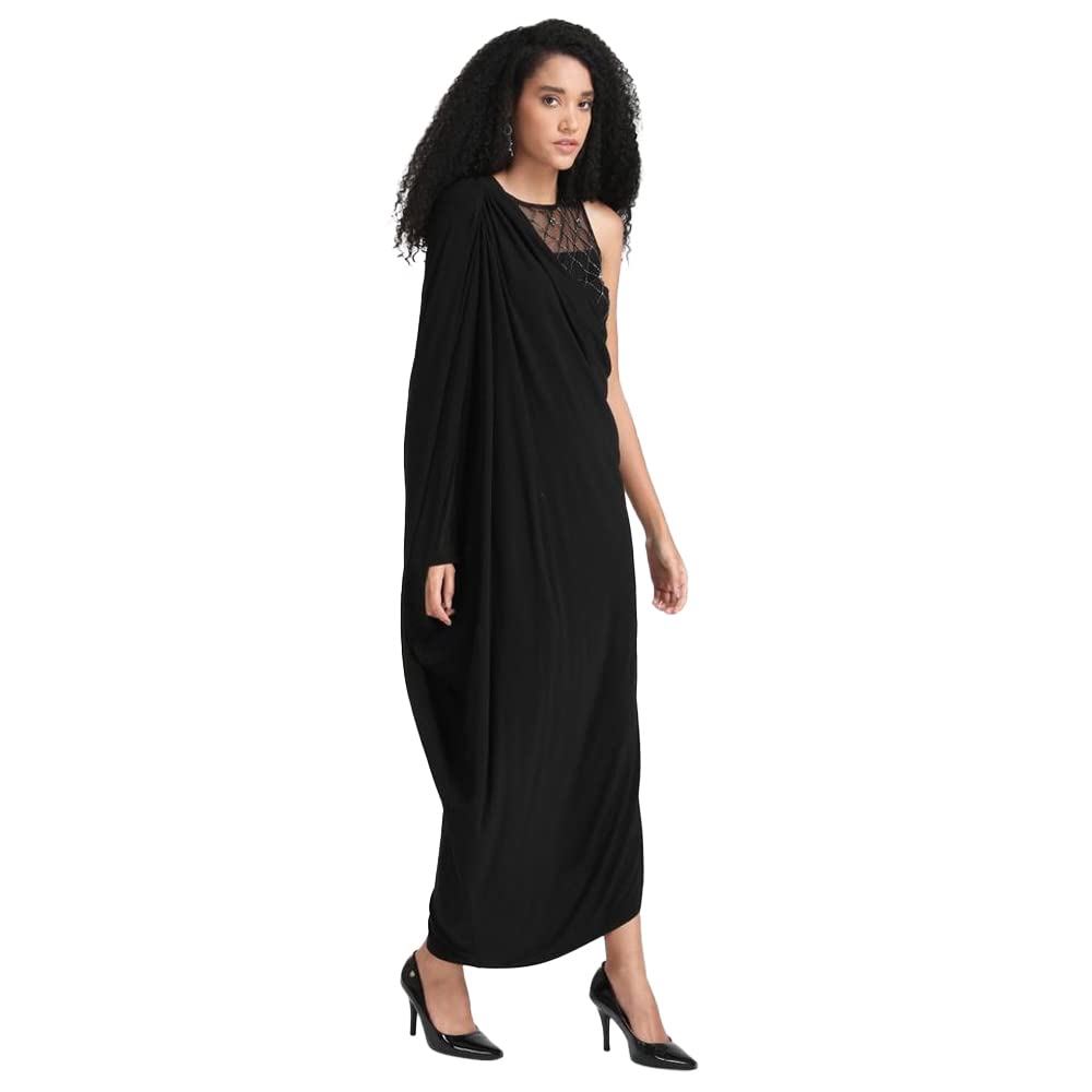 Kazo Embellished Polyester Blend Round Neck Women's Maxi Dress (Black,Medium)