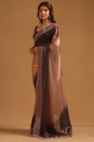 Soch Womens Brown Fendy Organza Ombre Stone Embellished Saree