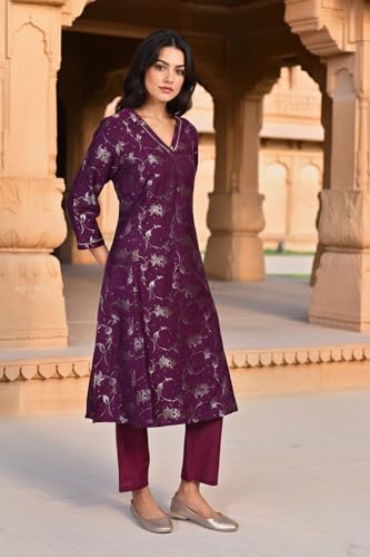 W for Woman Floral Printed Jacquard A-Line Kurta with Straight Pant and Dupatta Set - Purple (WS13245-314312-3XL)