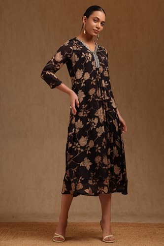 Soch Womens Black Chinon Floral Print Dress with Cutdana