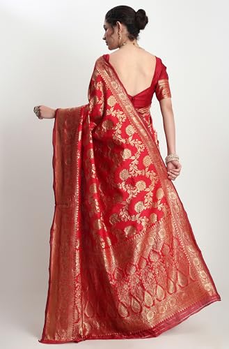 Janasya Women's Red Silk Blend Floral Woven Design Jacquard Saree with Blouse Piece