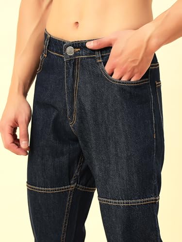 STUDIO NEXX Men's Loose Fit Indigo Jeans |Non Stretchable | Contrast Stitch | Panelled Denim