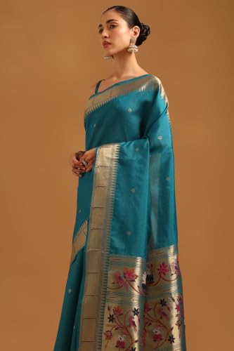 Soch Womens Teal Tussar Botanical Zari Woven Zari Border Saree