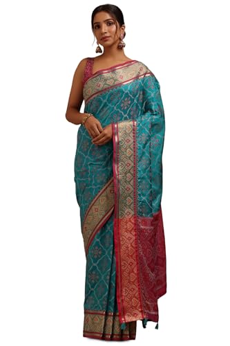 Soch Womens Turquoise Blue Silk Blend Patola Print Saree
