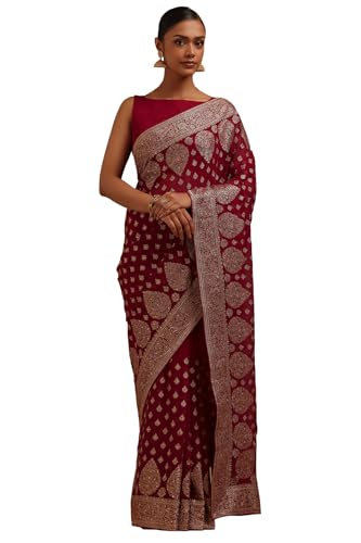 Soch Womens Fuchsia Georgette Embroidered Saree With Stone Work