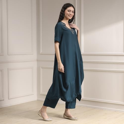 Biba Women's Viscose Blend Kurta Set (STNCL30037AW25TEL_Teal Blue