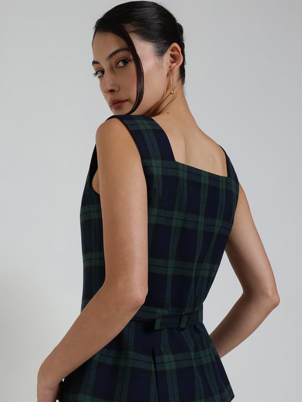 FableStreet Cotton Checkered Waistcoat - Blue