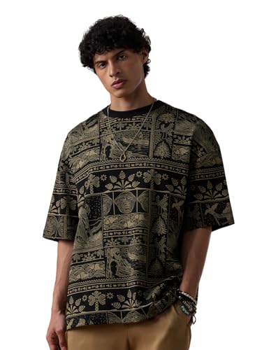 The Souled Store Nomad: Gilgamesh Men and Boys Short Sleeves Round Neck Black Mythological All Over Print Casual Drop Shoulder Cotton Super Oversized T-Shirt
