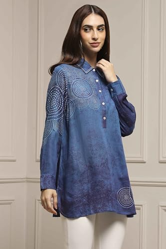 Biba Women Blue Viscose Rayon A-Line Printed Top_40