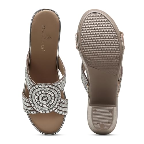 Marc Loire Women’s Embellished Block Heels Slip-On Open Back Fashion Sandals (Khakhi, UK Footwear Size System, Adult, Women, Numeric, Medium, 6)