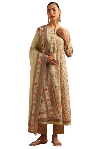 Soch Womens Light Green Cotton Digital Printed Botanical Lace-Detail Salwar Suit